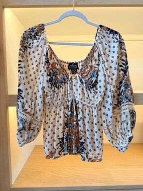 V Neck Cream Boho Tie-Front Peasant Blouse with Blue & Brown Floral Print